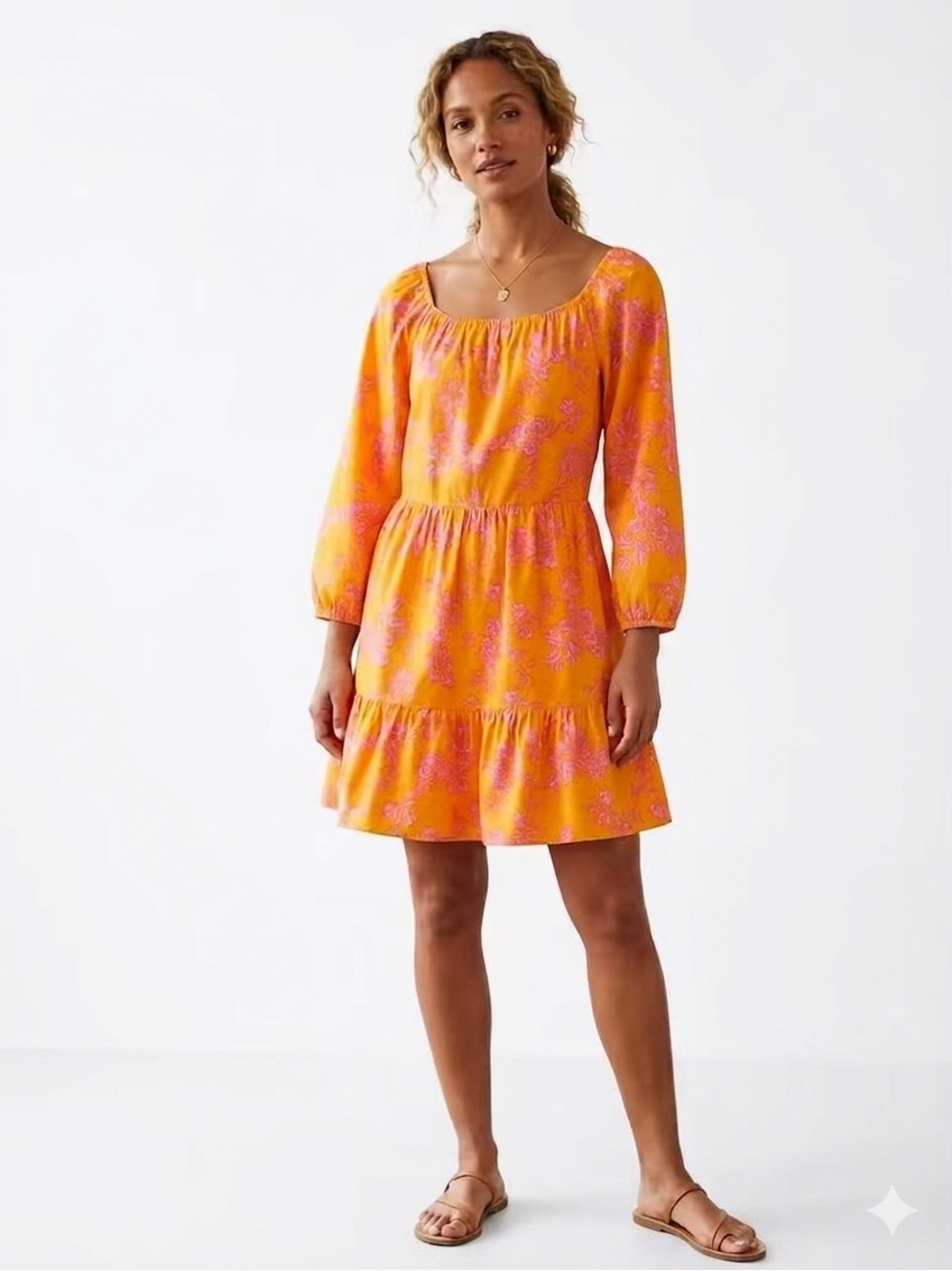 NWOT J.Crew Girls Size 2 Floral Orange Pink Long Sleeve Scoop Fit & Flare Dress